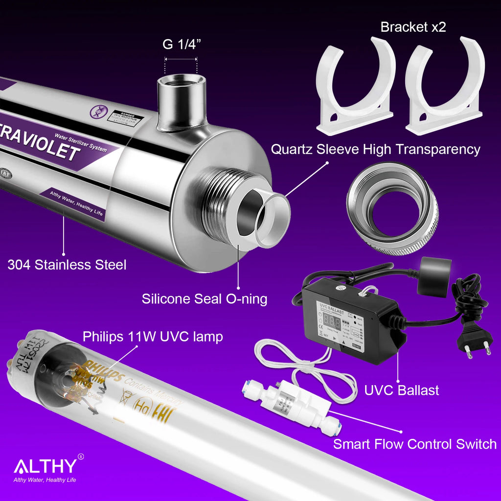 ALTHY UV-Ultraviolett-Wassersterilisator Wasseraufbereitungssystem Desinfektionslampe + Durchflussschaltersteuerung Edelstahl 1 GPM