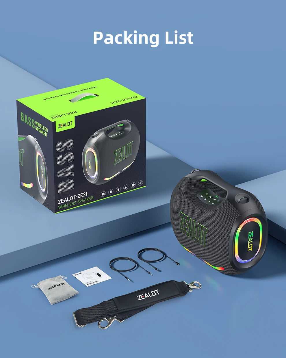 ZEALOT-ZE21 250W Tragbarer Bluetooth Lautsprecher Hohe Lautstärke Wasserdicht 48000mAh Kabelloser TWS Subwoofer Unterstützt USB/TF/AUX RGB-Licht