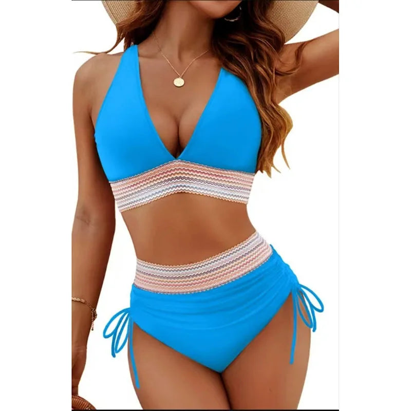 Sexy tiefer V-Ausschnitt Bikini Set Damen 2026 Sommer Strand mit Brustpolster Bademode High Waist Kordelzug Triangel Bikini
