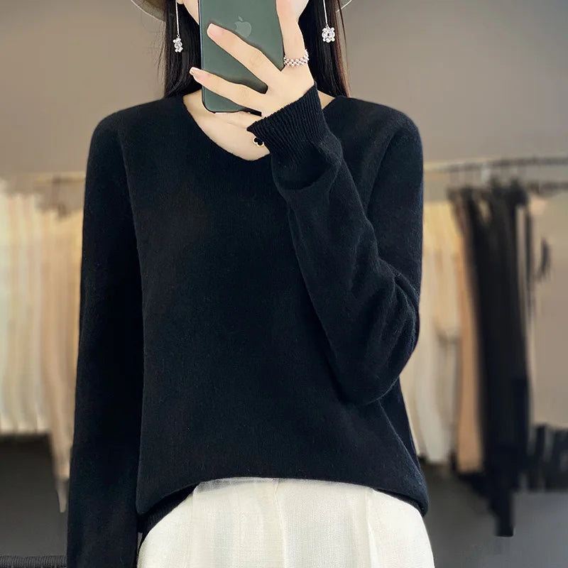 Damen 100% Merinowolle Pullover V-Ausschnitt Basic Pulli Herbst Winter Kaschmir Kleidung Langarm Weiche Strickware Oberteile Unifarben