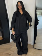 Damen Anzug mit Revers, langen Ärmeln, chic, einreihig, weites Bein, lange Hose, Sets 2026, lässiges, lockeres Outfit für den Alltag
