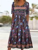 2025 Sommer Damen-Bohemia-Kleid locker, modischer Druck, Rundhalsausschnitt, kurze Ärmel, langes Kleid