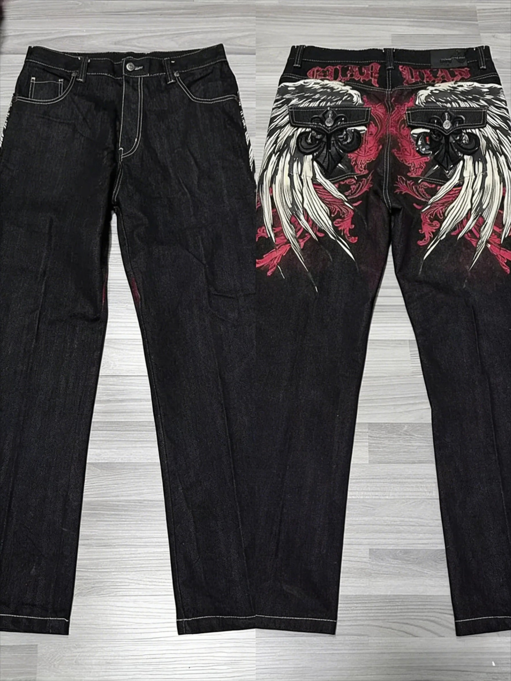 Y2K Black Washed Bestickte High-Waisted Oversized Jeans Herren Europäischer und Amerikanischer Retro Klassiker Lockere Weite Gerader Schnitt Hosen