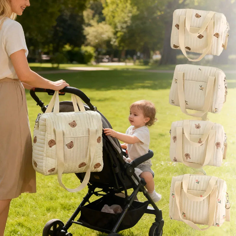 Niedlicher Bär Kinderwagen Wickeltasche Korea Stickerei Baumwoll-Mummy Bag Weiche Umhängetasche Tragbarer Baby-Windel-Organizer Hauptbild
