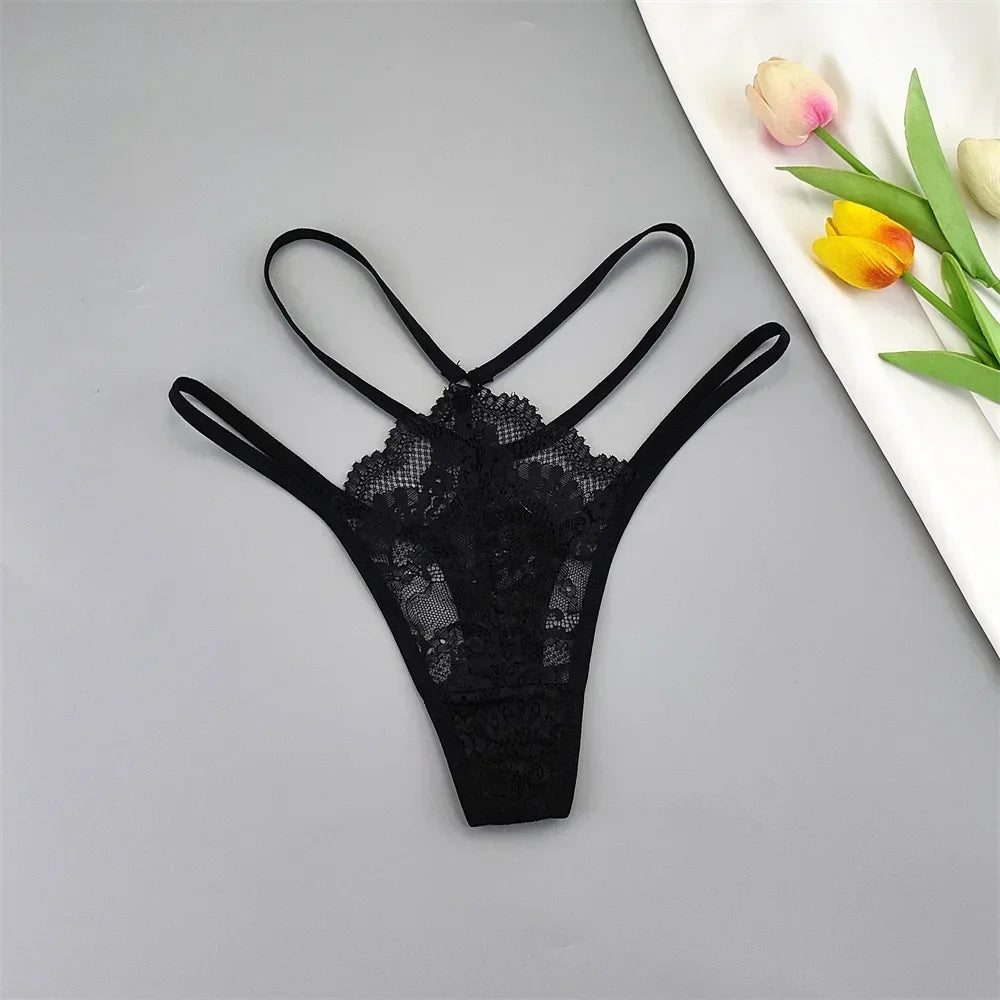 3 Stück Spitze Dünne Träger Tanga Frauen Tiefe Taille Sexy Perspektive Unterwäsche Damen Transparenter G-String Slip Plus Size T-Rücken