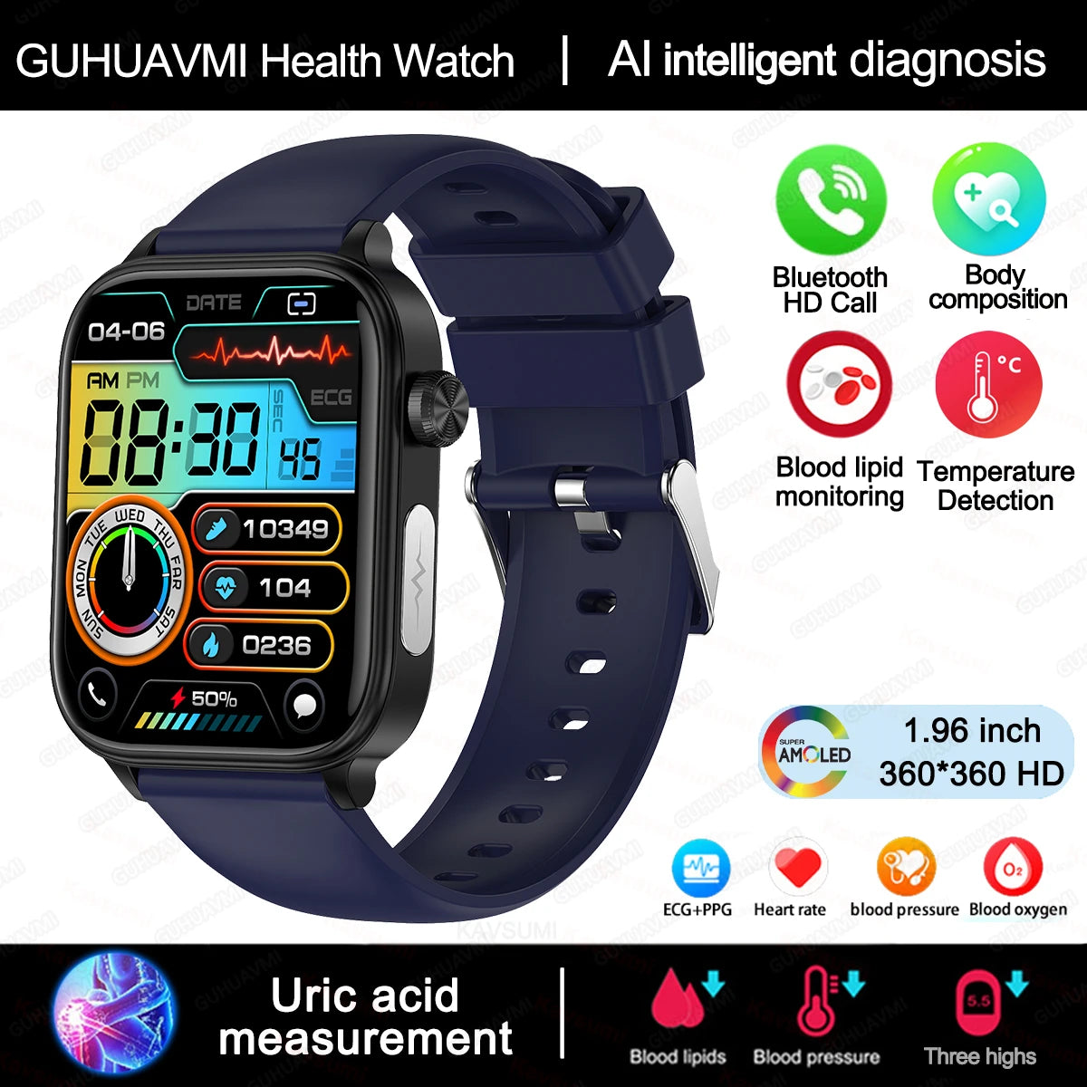 2025 Neue KI-Diagnose Blutfette Harnsäure Körperzusammensetzung Test Smartwatch für Herren EKG+PPG Bluetooth Anruf Gesundheits-Smartwatch
