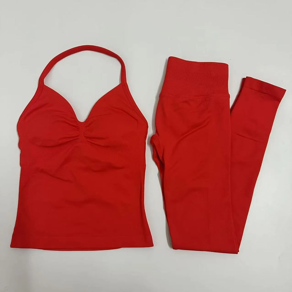 2-teiliges Set Yoga Leggings Set Damen Rückenfreie Tank Tops Hohe Taille Scrunch Gym Anzug Fitness Kleidung Outfit Yoga Set