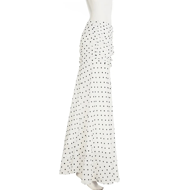 hirigin Tupfen Chiffon-Maxirock Französischer Stil Geraffter Mesh A-Linien-Rock Elegante Maxi-Unterteile Hohe Taille Streetwear
