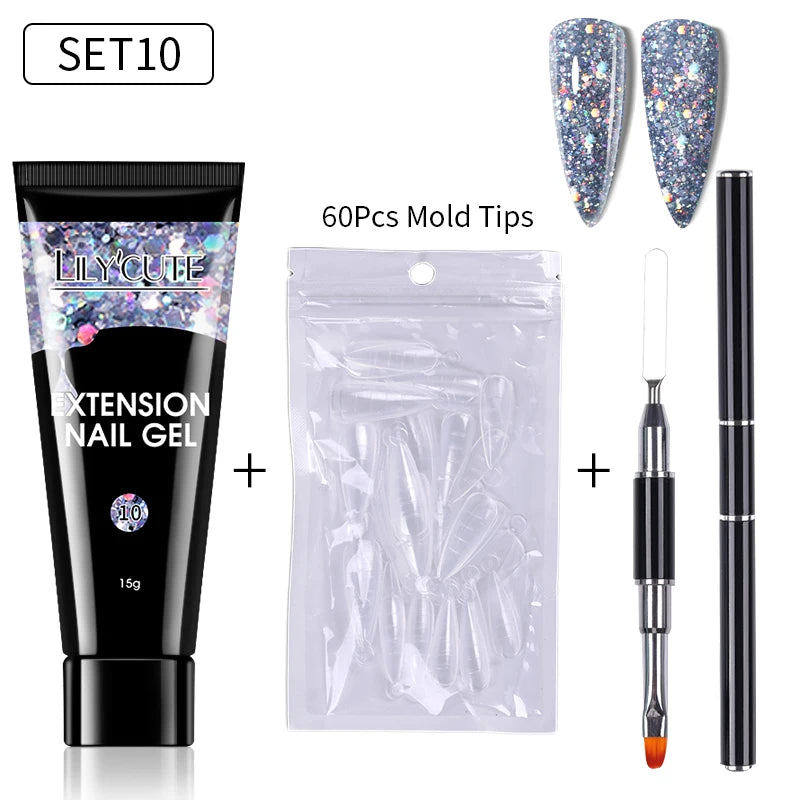 LILYCUTE 15ml Verlängerungsgel-Nagellack-Set Quick Nail Prolong mit Verlängerungsform-Nagelspitzen Acryl-Lösung Maniküre-Werkzeug-Kit