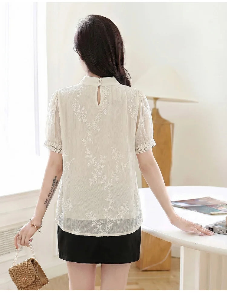 Blusen Hemden Damen Bluse Hemd Neu Sommer Schleifenkragen Stickerei Bluse Hemd Damen Oberteile Kurzarm Blusas Para Mujer Q4102