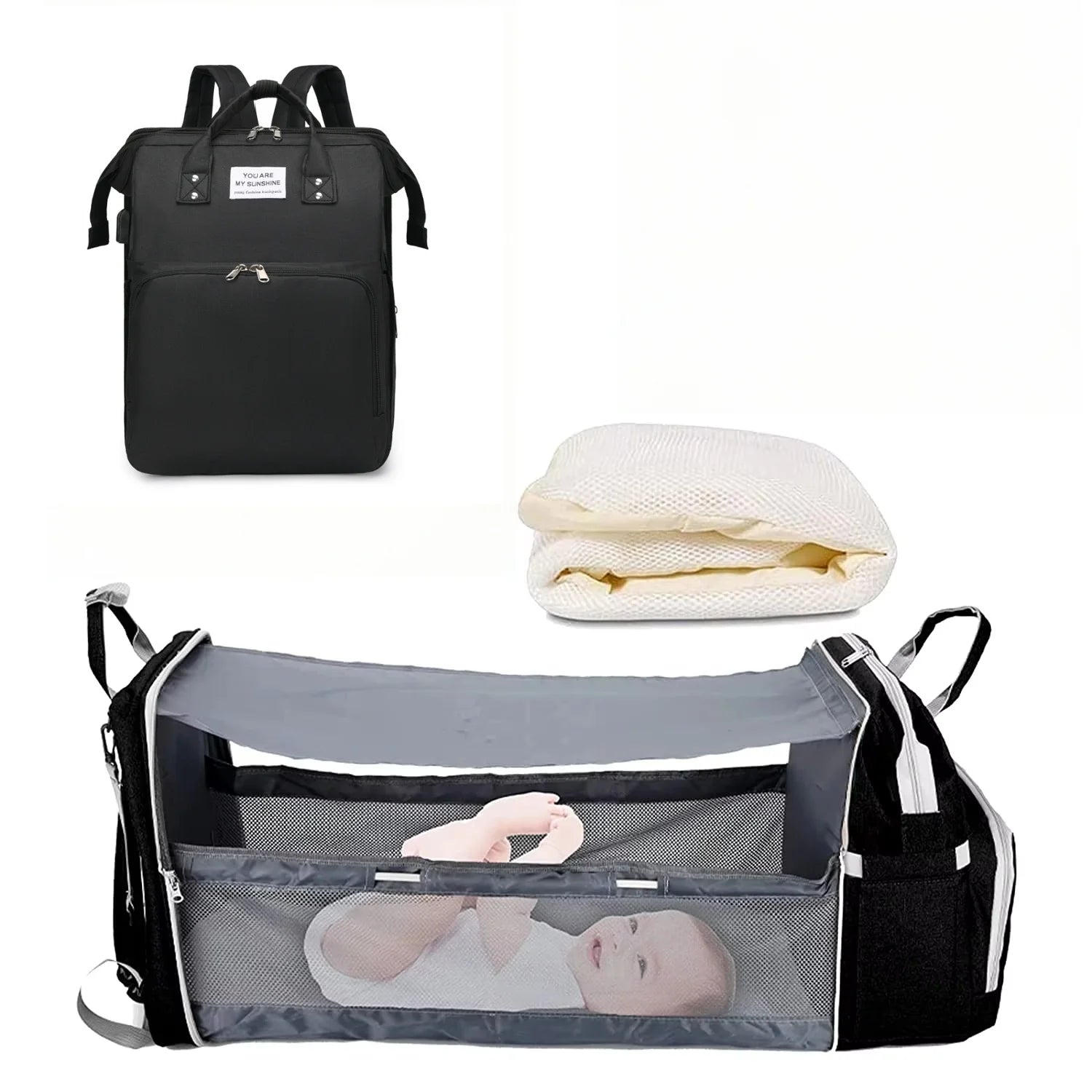 3-in-1-Wickeltaschen-Rucksack, faltbares Babybett, wasserdichte Reisetasche mit USB-Ladefunktion, Wickeltaschen-Rucksack mit Wickelbett, 3 Typen