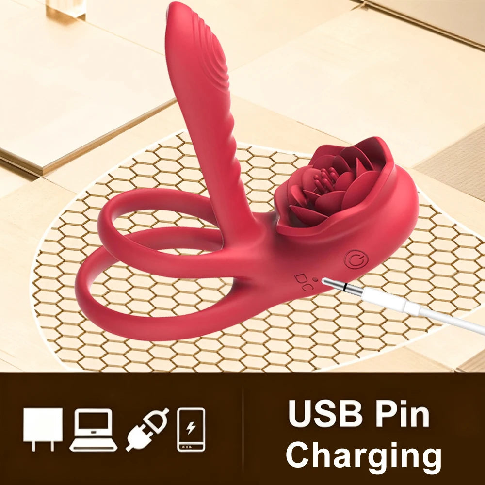 Rosen-Penisring Vibrator für Frauen G-Punkt Klitoris-Stimulation Männer Ejakulationsverzögerung Silikon-Hodenring Sexspielzeug für Paare