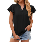 Neue Damen V-Ausschnitt Lose Pullover Chiffon-Shirts Elegante Mode Einfarbige Rüschen Damenbluse Sommer Lässige Kurzarm-Oberteile