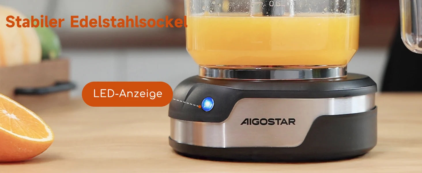 Aigostar Elektrische Zitruspresse, 1,2L große Saftpresse mit LED-Arbeitslicht und 2 abnehmbaren Kegeln, Zitronenpresse für Orangen