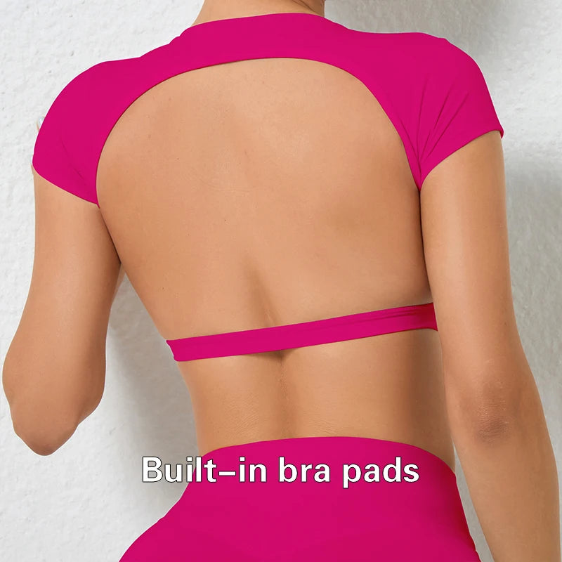 Hearuisavy Sommer Personalisierbare Sportshirts Workout Sportbekleidung Rückenloses Yoga-Kleidungsstück Brustpolster Sport Crop Tops Gym Top Damen