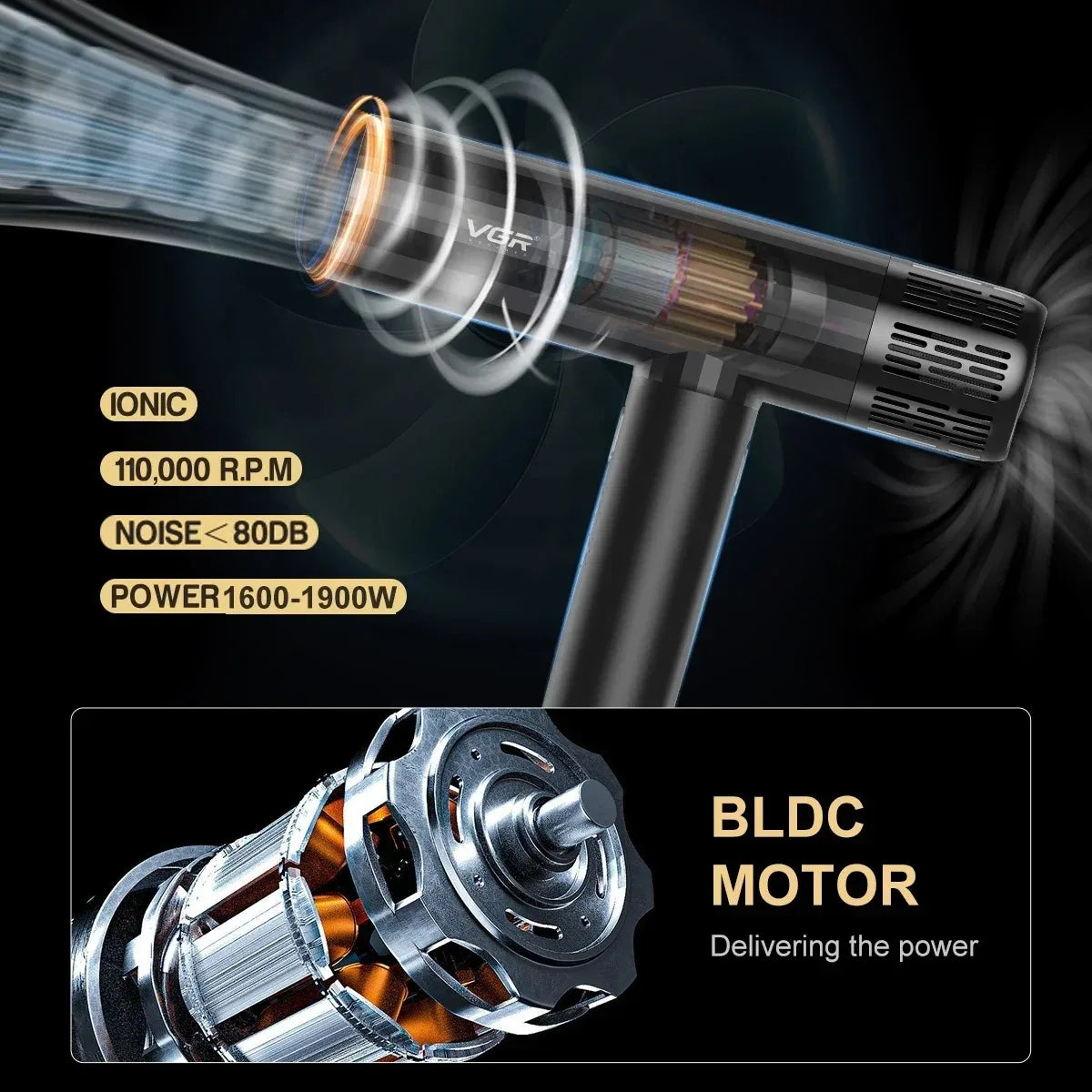 VGR Haartrockner ohne Blätter Professional Negative Ionen Föhn Bürstenloser Motor 11000 RPM Leistungsstarker elektrischer Trockner für Salon V-427