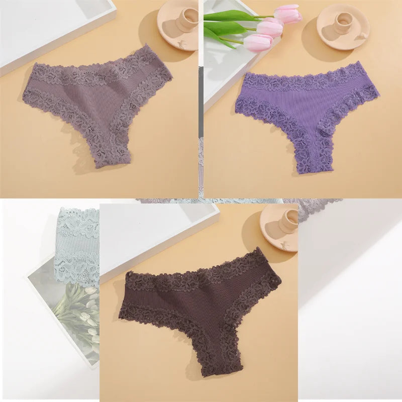 FINETOO 3er-Pack Damen Baumwollunterwäsche Slips Sexy Spitze Brasilianischer Slip Niedrige Taille Blumenmuster Einfarbig G-String Atmungsaktive Dessous