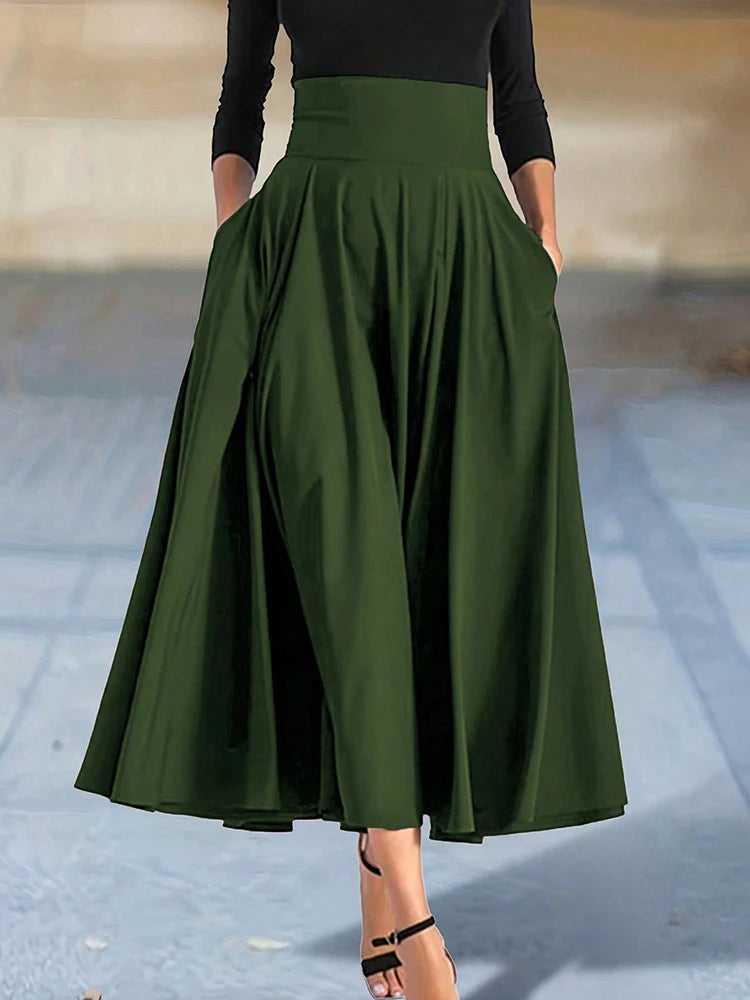 Neu eingetroffen: Kleider, einfarbige A-Linien-Röcke für Damen, Bekleidung, langer Rock mit hoher elastischer Taille für Damen mit Schleife, elegante Damenröcke