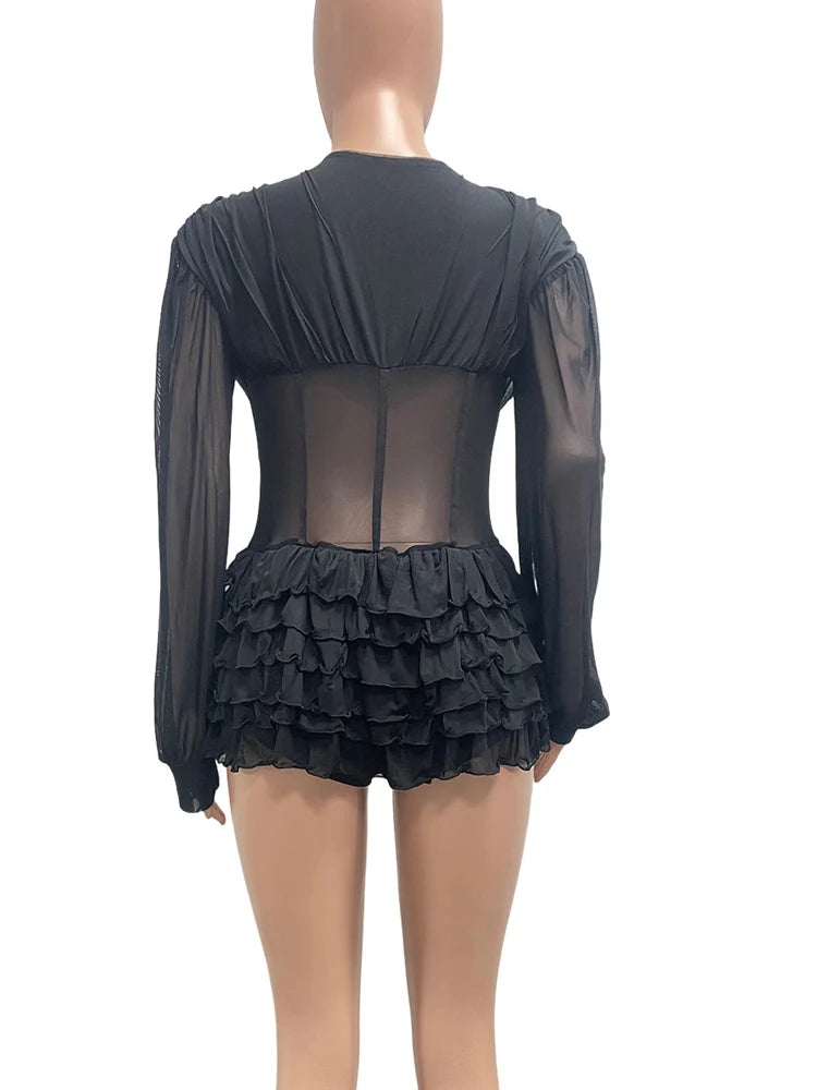 Beyprern Sexy Schwarzer Mesh Korsett Jumpsuit Damen Gothic Rüschen Layered Rompers Langarm Transparenter Bodysuit Nachtclub Party Outfits