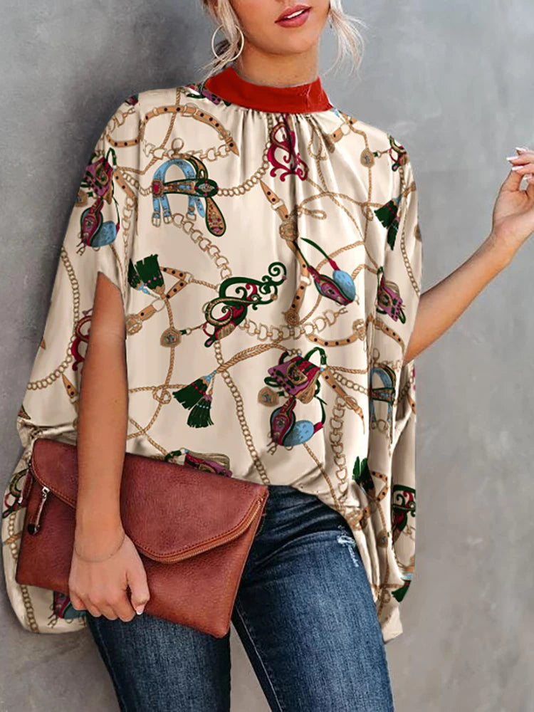 Lässige weite Damenbluse Mode Fledermausärmel Print Rundhals Shirts Top Frühling Sommer Büro Damen Blusen Elegante Oberteile 2024