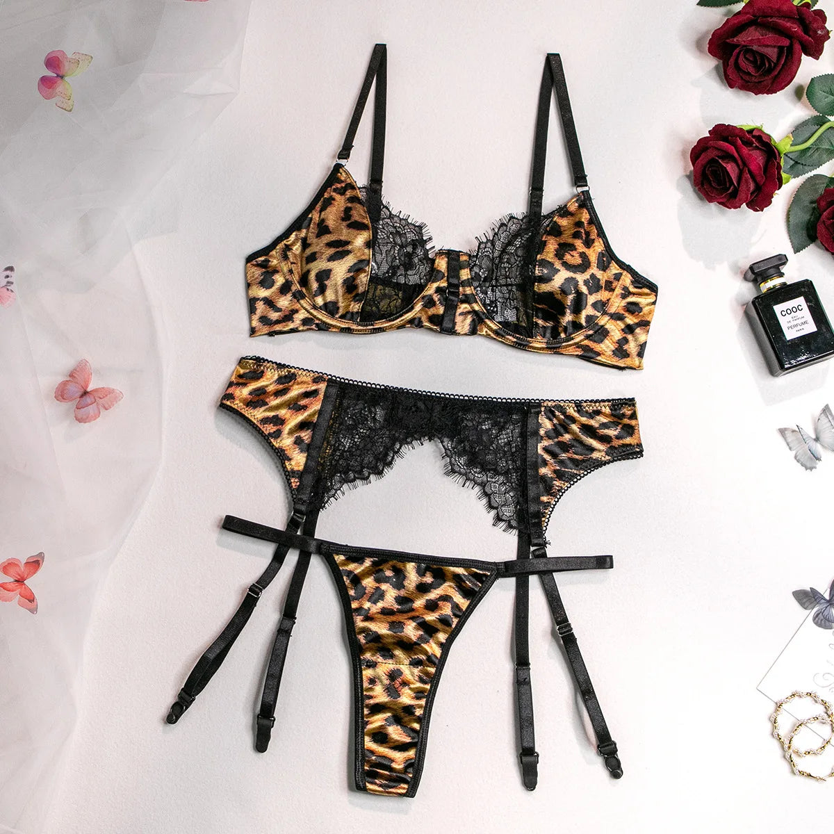 Sexy Perspektive Brustraffer Bedruckter Dessous-Set mit Handschuhen und Bein-Set für Damen, fünfteiliges Set, Damen Fun-BH- & Slip-Sets