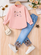 Frühling und Herbst Mädchen Mode süßes 2-teiliges Set mikro-elastisch rosa Rundhals Cartoon Langarm Imitation Jeans Slim-Hose Kl