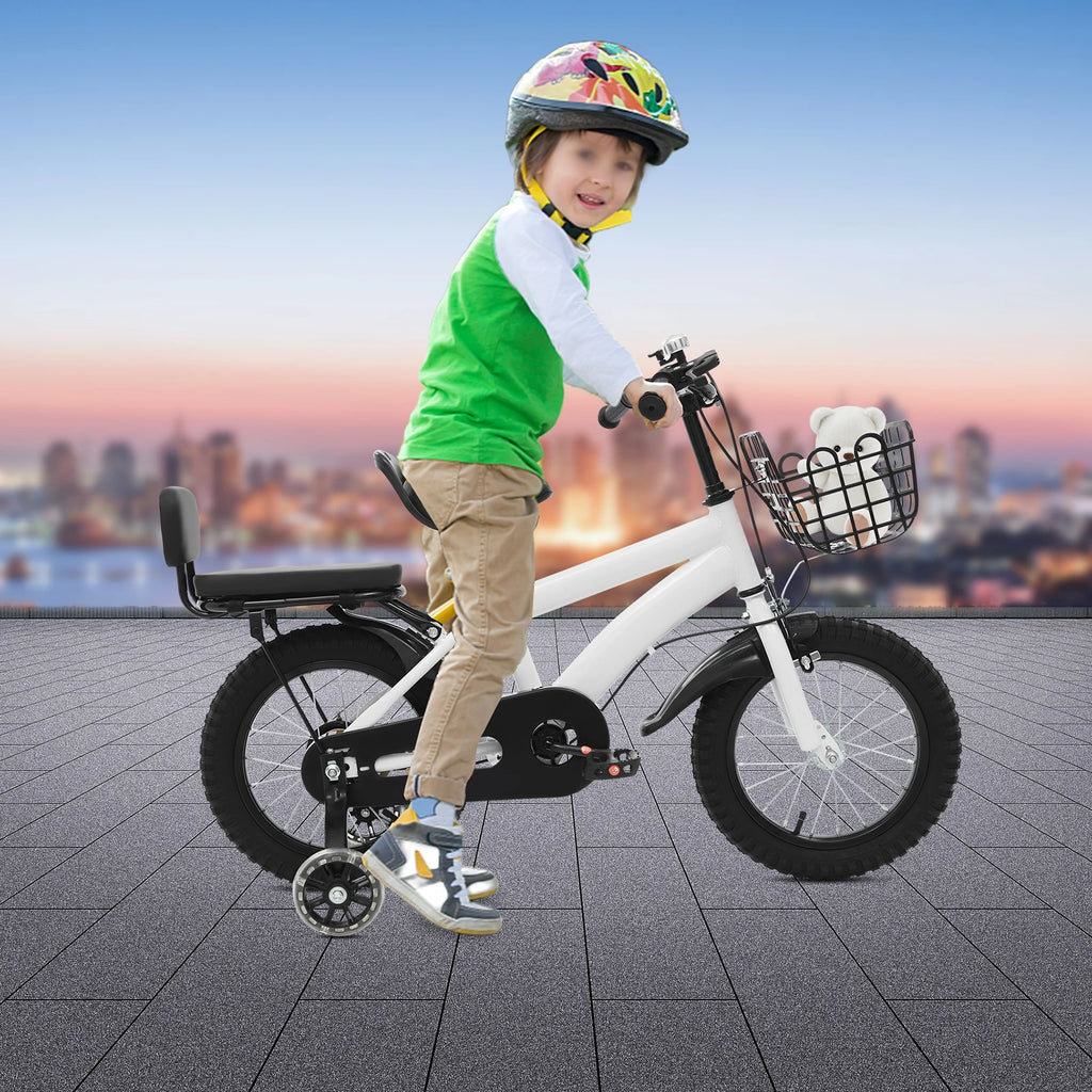 14" Kinderfahrrad Verstellbares Kinderfahrrad Belastbarkeit 60kg mit Stützrädern+Korb+Rückenlehne Rücksitz für 3-7 Jahre (Weiß/Schwarz)