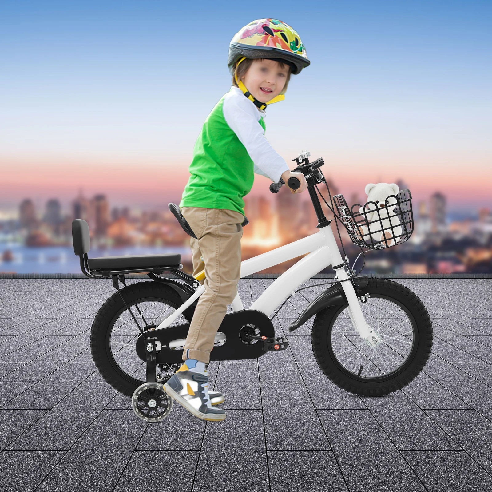 14" Kinderfahrrad Verstellbares Kinderfahrrad Belastbarkeit 60kg mit Stützrädern+Korb+Rückenlehne Rücksitz für 3-7 Jahre (Weiß/Schwarz)