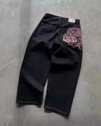 Vintage Low Waist Hip Hop Kirschblüten bestickte Jeans Weite Hose Y2K Kleidung Herren Damen Bestickte Baggy Jeans