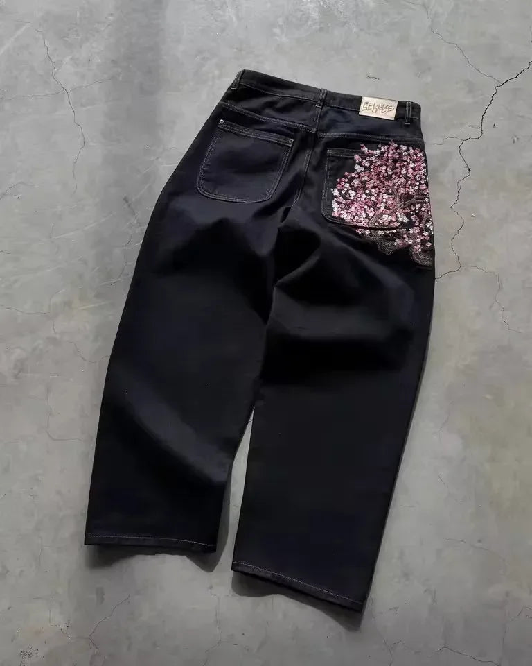 Vintage Low Waist Hip Hop Kirschblüten bestickte Jeans Weite Hose Y2K Kleidung Herren Damen Bestickte Baggy Jeans