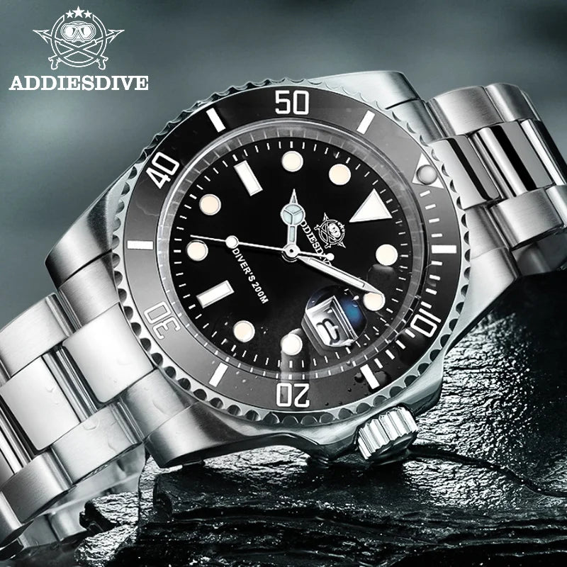 ADDIESDIVE Herren-Uhr klassisch mit Keramiklünette 200m wasserdicht Freizeit Quarz-Uhr BGW9 Blaue Leuchtzeiger Geschenk-Uhr MY-H3-2
