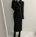 Beige Tweed Jacke + High Waisted Röcke Damen Winter Goldener Knopf 2-Teiler Woll Luxus Vintage Röcke Sets Herbst