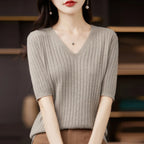Damen Pullover Frühling Sommer Kurzarm V-Ausschnitt Strickshirt Lässige koreanische Pullover Gestreiftes Unterziehshirt Slim Fit Pullover