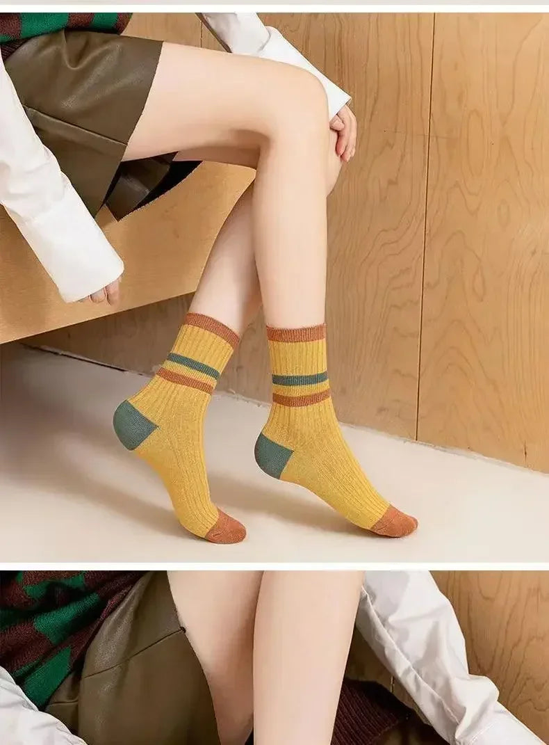 5 Paar gestreifte Socken für Damen, bequem, weich, mittellang, Winter, Harajuku, lustige Freizeitsocken, Damenstrümpfe, Strumpfwaren