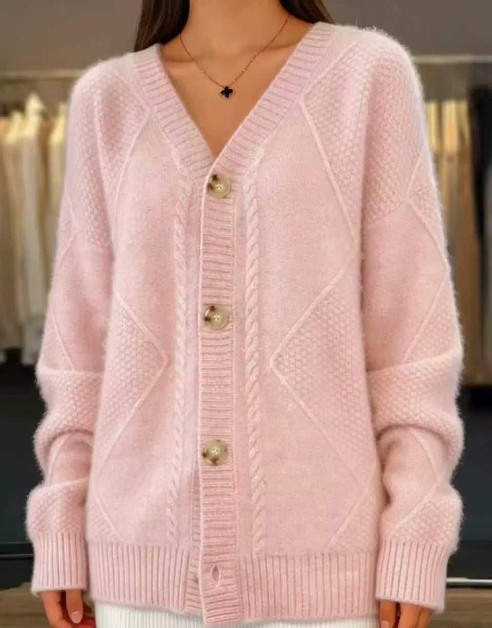 Herbst und Winter neuer einfarbiger, langärmeliger V-Ausschnitt Strickcardigan mit Jacquard-Knopfleiste Damenpullover