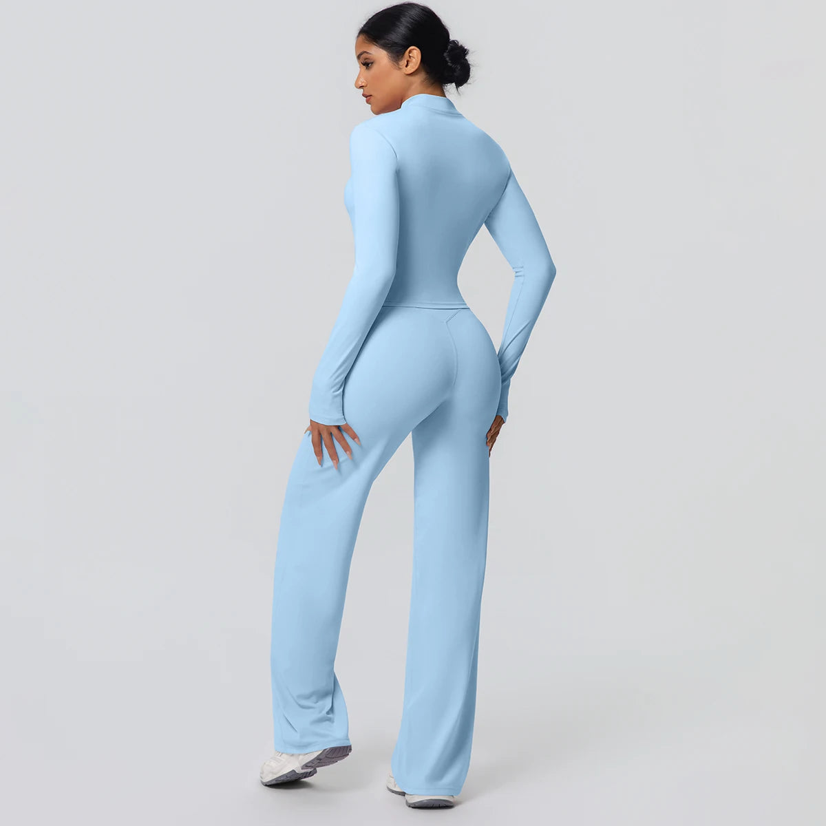 2-teiliges schnelltrocknendes Sport-Fitness-Bekleidung Yoga-Set Damen Yoga Reißverschluss Langarm High Waisted atmungsaktive weite Hose Set