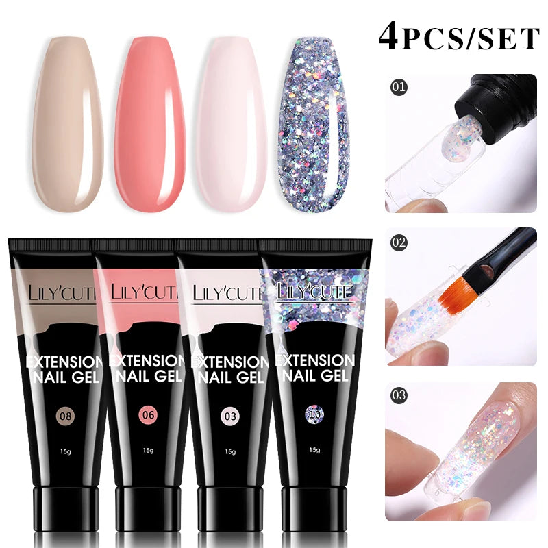 LILYCUTE 15ml Verlängerungsgel-Nagellack-Set Quick Nail Prolong mit Verlängerungsform-Nagelspitzen Acryl-Lösung Maniküre-Werkzeug-Kit