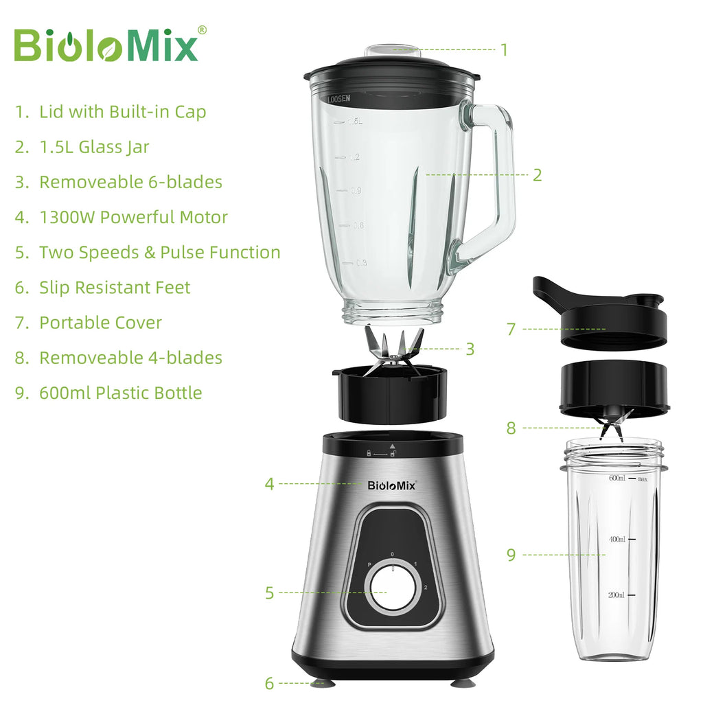 BioloMix Professional 1300W Standmixer mit 1,5L BPA-freiem Glaskrug, perfekt für gefrorene Smoothies und hausgemachte Saucen