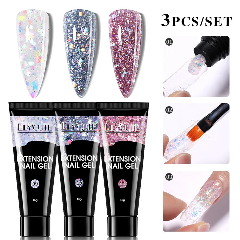 LILYCUTE 15ml Verlängerungsgel-Nagellack-Set Quick Nail Prolong mit Verlängerungsform-Nagelspitzen Acryl-Lösung Maniküre-Werkzeug-Kit