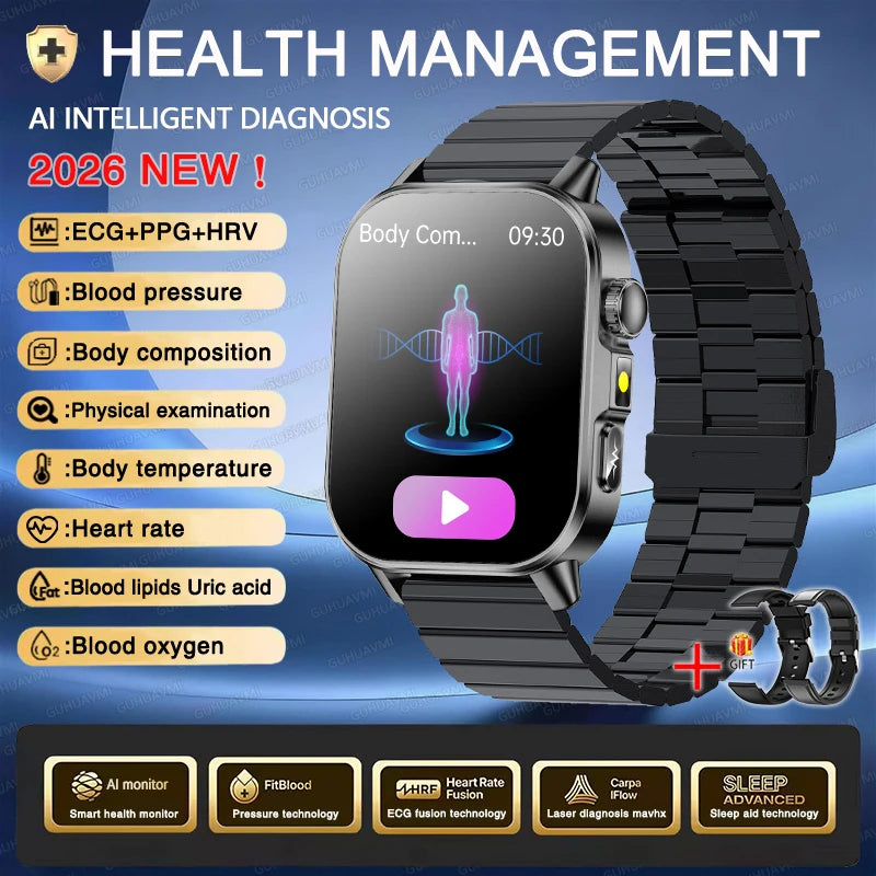 Neue Herren Smartwatch für präzise Gesundheitsdiagnose: EKG, Blutdruck, Blutsauerstoff, Blutfett, Harnsäure, Temperatur, Bluetooth-Anruf