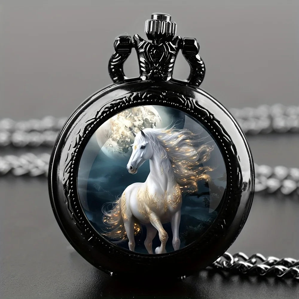 Vintage Unique Silvery Horse Animal Design Necklace Pendant Quartz Pocket Watch, Cool Exquisite Accessory for Men Women and Kids Hauptbild