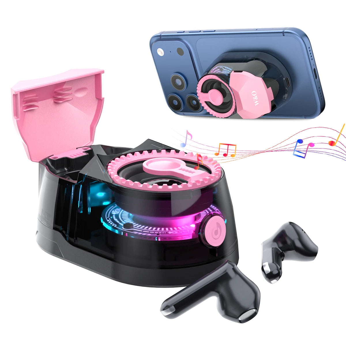 Magnetic 3-in-1 Bluetooth Speaker with Earbuds, Phone Stand,RGB Light, Portable Wireless Headset for iPhone/Android