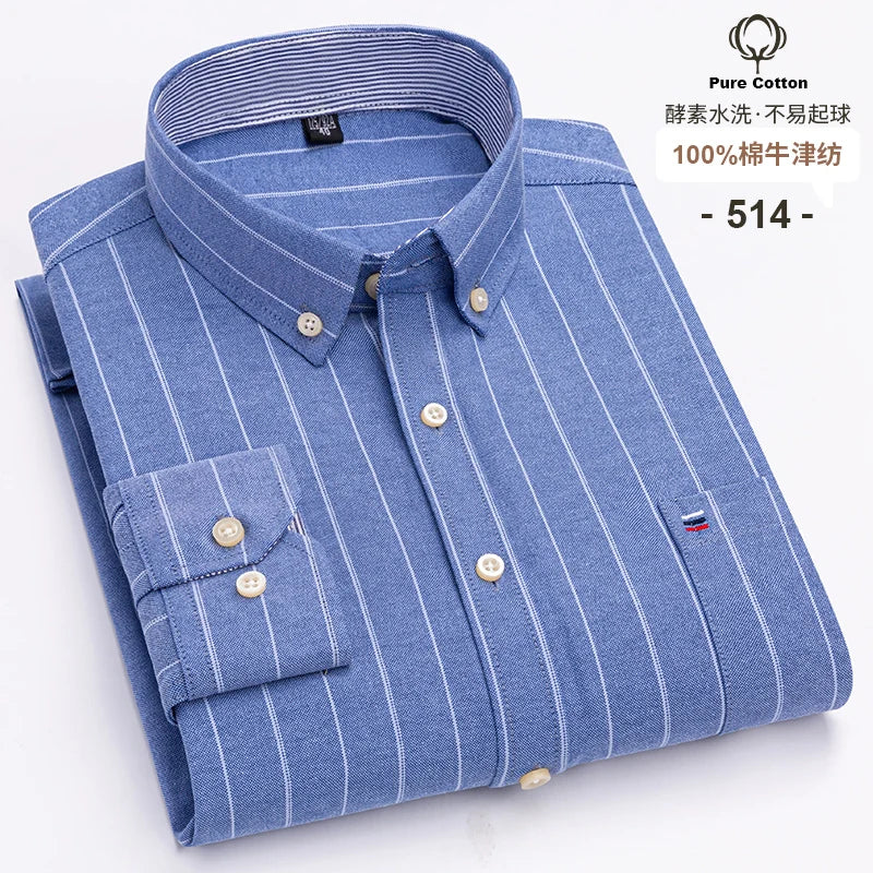 100 % Baumwolle Oxford Herrenhemden Langarm Kariert Weich Regular Fit Festliches Hemd Tasche Sozial Bluse Herrenkleidung S-7XL