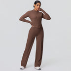 2-teiliges schnelltrocknendes Sport-Fitness-Bekleidung Yoga-Set Damen Yoga Reißverschluss Langarm High Waisted atmungsaktive weite Hose Set
