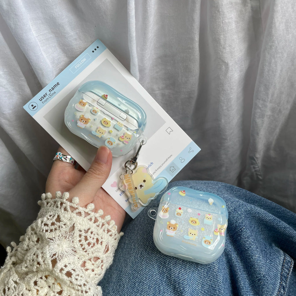 Cartoon Cake Bear Blue Wave Case for AirPods 2 3 4 ANC Cover with Keyring for Apple AirPod Pro 3 2025 Earphone Protective Cases