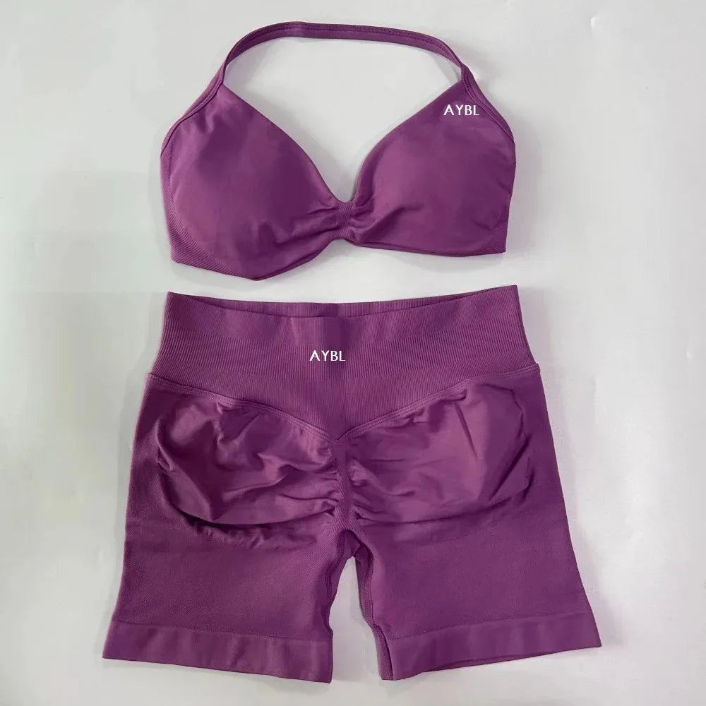 AYBL 2-teiliges Yoga-Set Gym-Set Damen Träger-Yoga-BH Top Hohe Taille Workout Scrunch Shorts Sportanzug Nahtloses Yoga-Set Fitness