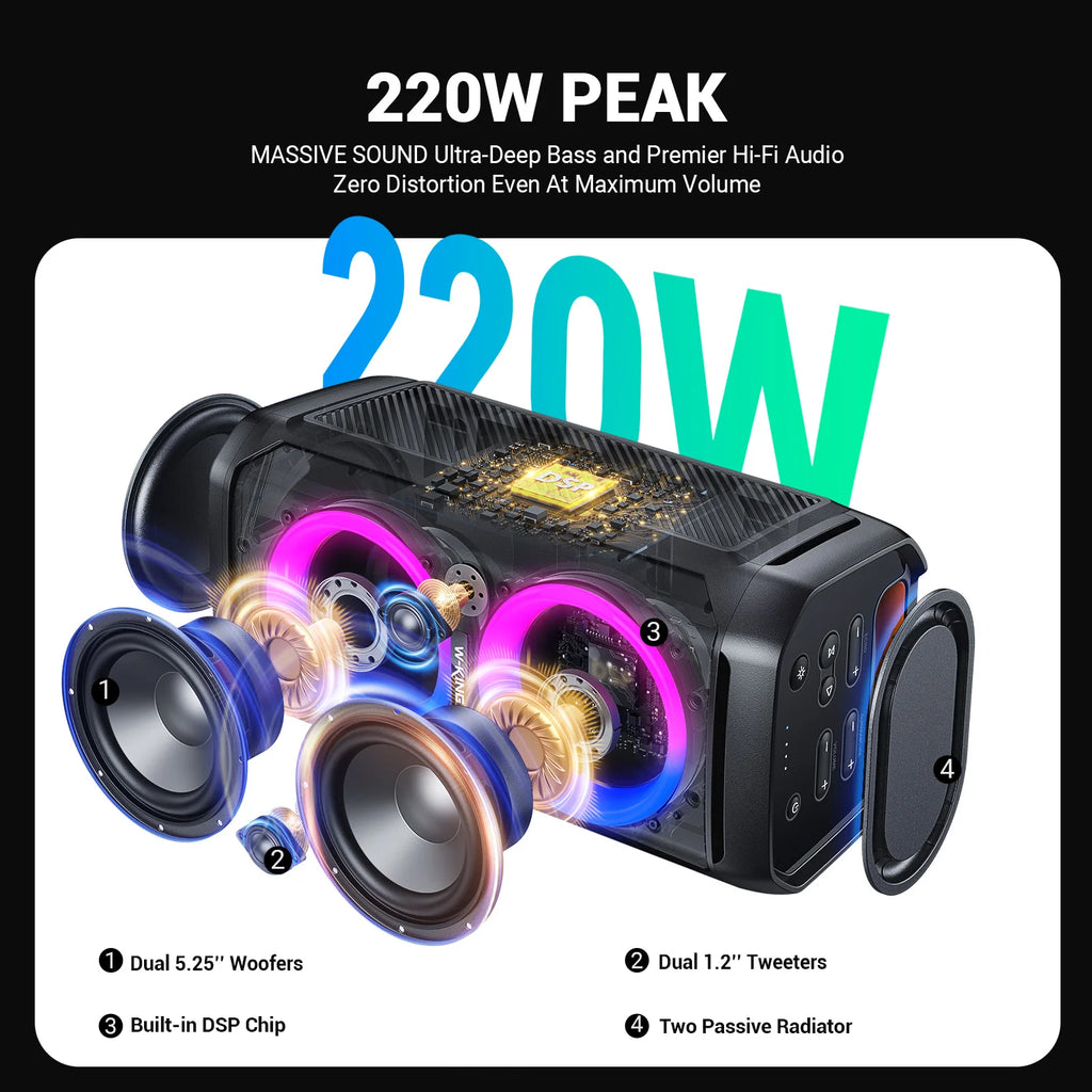 W-KING 100W RMS Bluetooth Lautsprecher, IPX6 Wasserdicht, V5.3 Tragbare Party Boombox Kabellos Tiefer Bass/115dB Lauter Massiver Klang