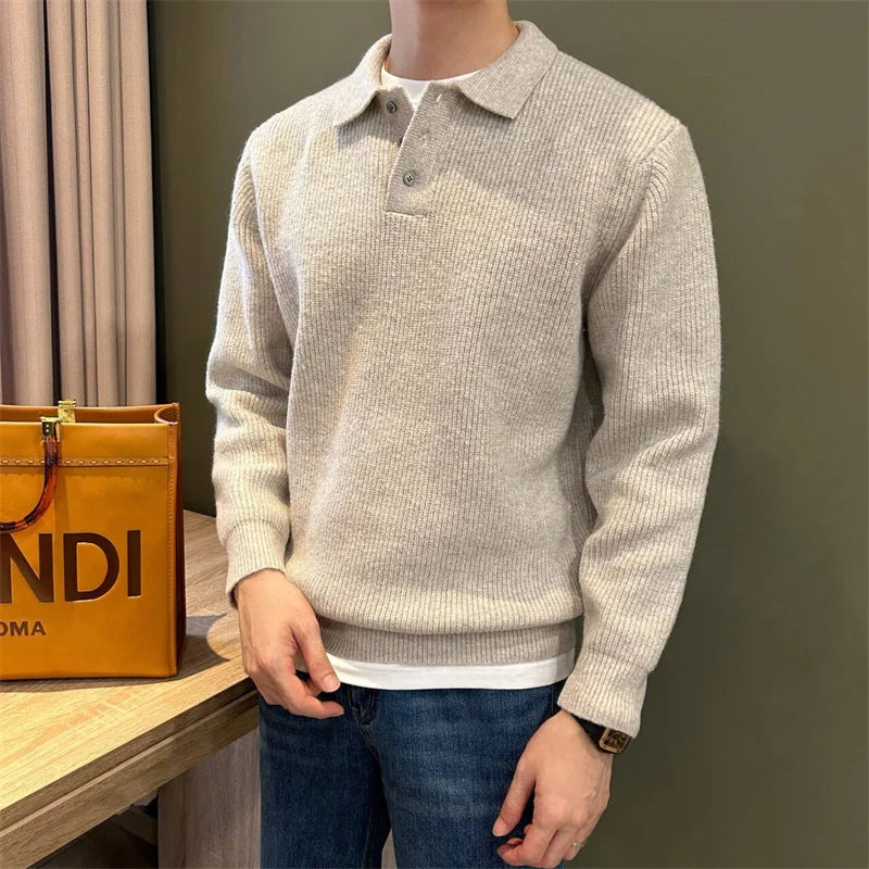 Herren Winter Norwegerpullover Einfarbig Polo Rollkragen Gestrickte Pullover Lässige Retro Warme Strickwaren Elegante Y2K Streetwear Jersey Hombre Zweitbild