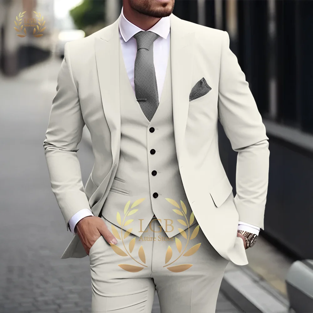 Herren Khaki 3-teiliger Anzug Klassischer spitzer Revers Business Formal Hochzeit Bräutigam Slim Fit Eleganter Gentleman-Stil Mode Blazer
