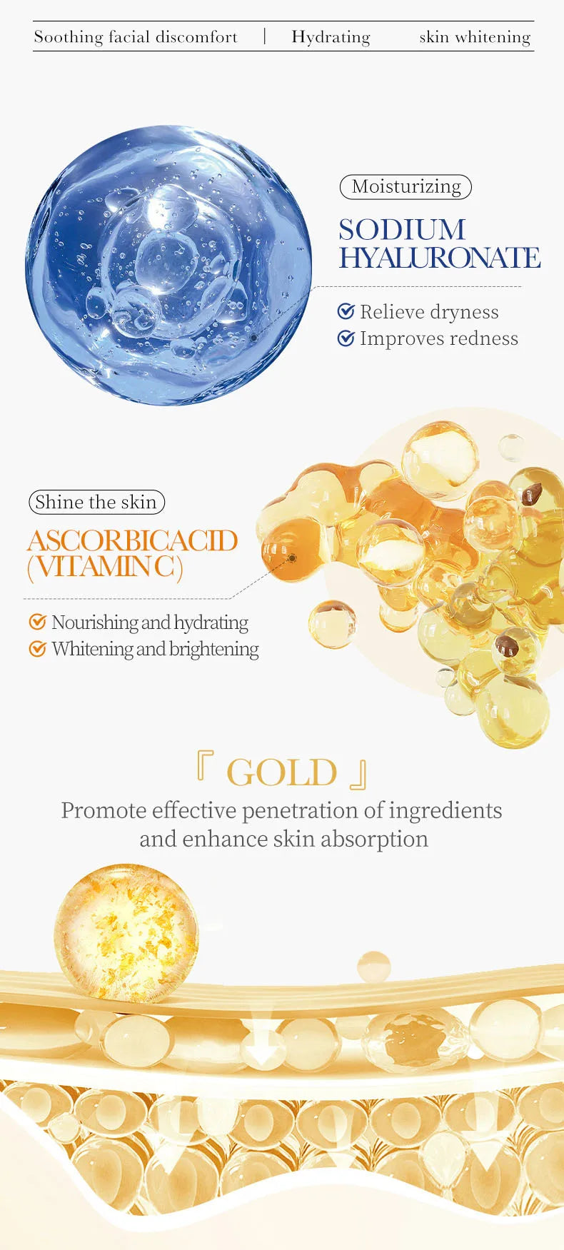 10 St. SADOER 24K Gold Vitamin C Hyaluronsäure Gesichtsmaske Feuchtigkeitsspendend Straffend Hydrierend Gesichtsmasken Hautpflegeprodukte